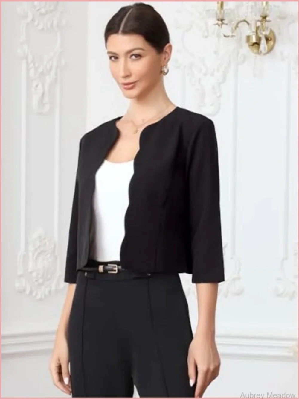 Crop Blazer Open Front 3/4 Sleeve Collarless Jacket Business Casual